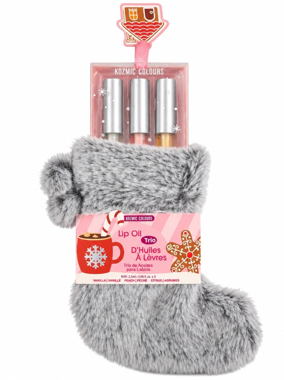 Gray Faux Fur Holiday Stocking Lip Oil Trio